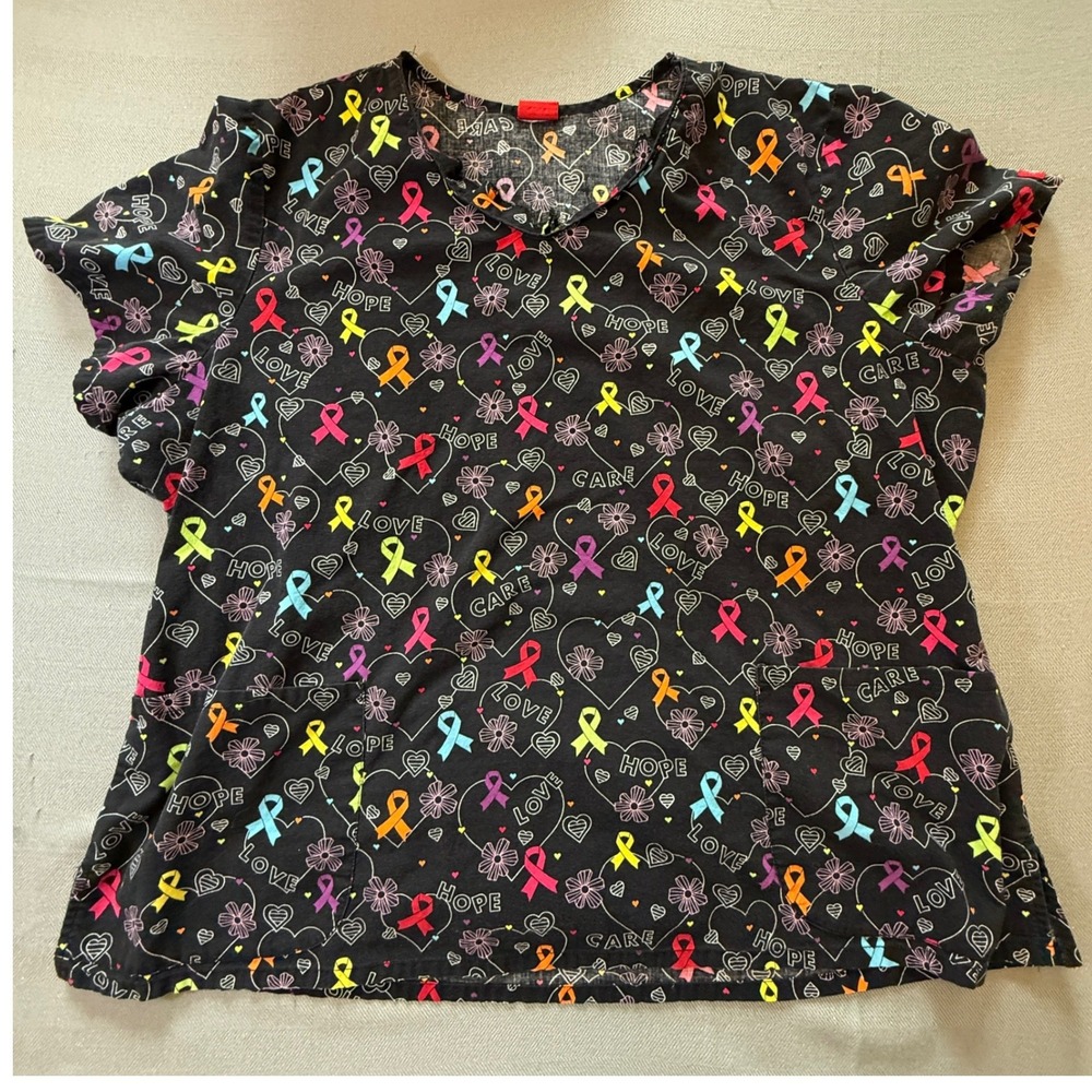 Dickies Scrub Top Awareness Ribbon Print V-Neck Medical Uniform Multi Color 2149